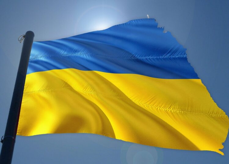 Ukraińska flaga na tle słońca